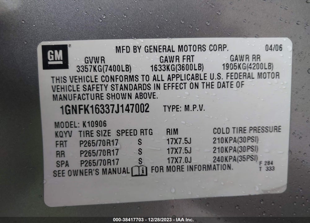 2007 CHEVROLET SUBURBAN 1500 VIN: 1GNFK16337J147002