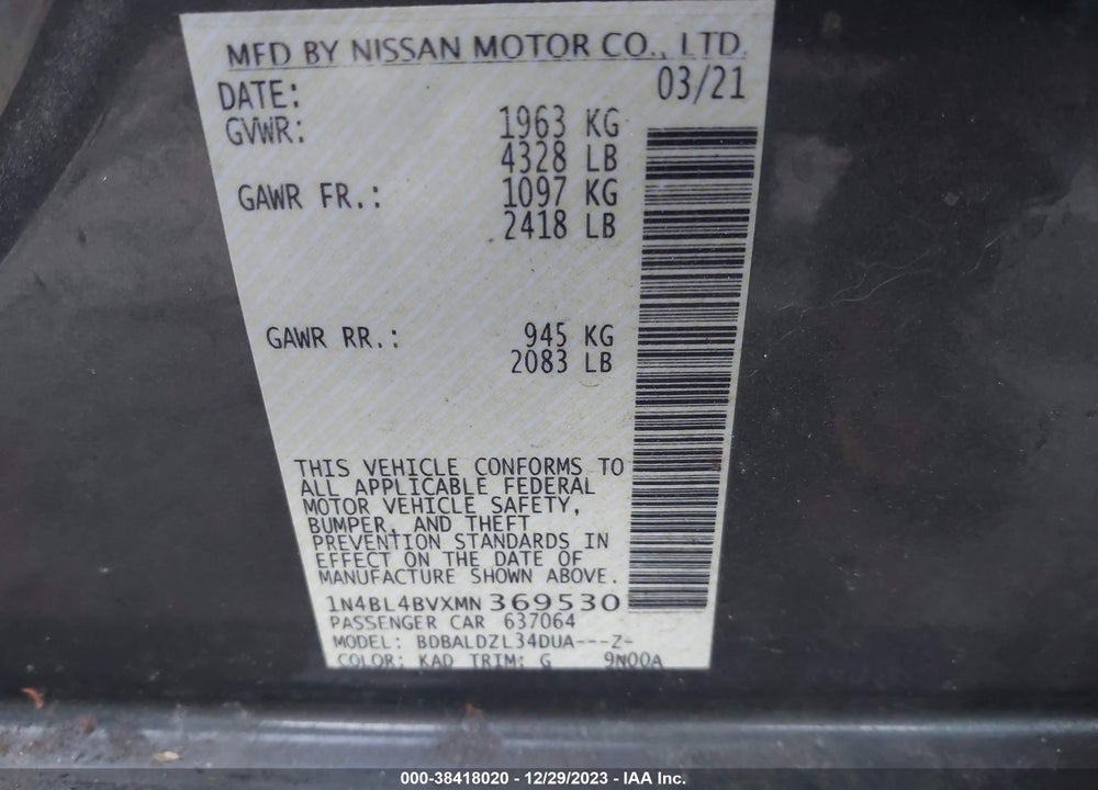 2021 NISSAN ALTIMA S FWD VIN: 1N4BL4BVXMN369530