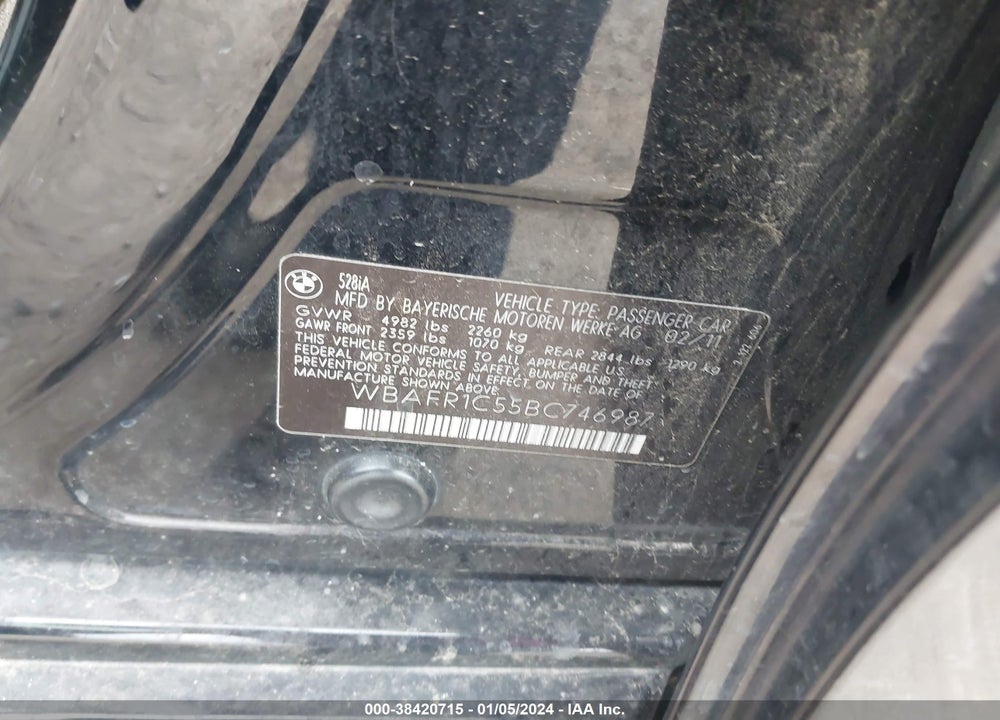2011 BMW 528I VIN: WBAFR1C55BC746987