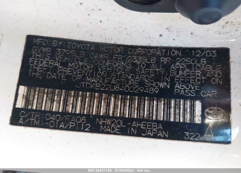 2004 TOYOTA PRIUS VIN: JTDKB22U840029489