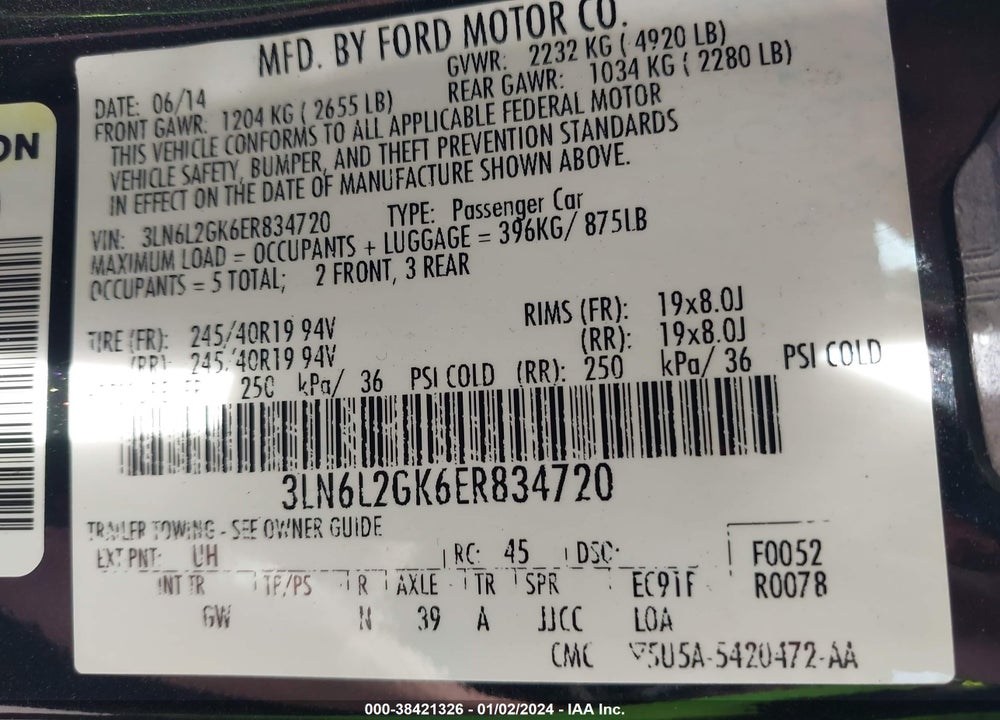 2014 LINCOLN MKZ VIN: 3LN6L2GK6ER834720