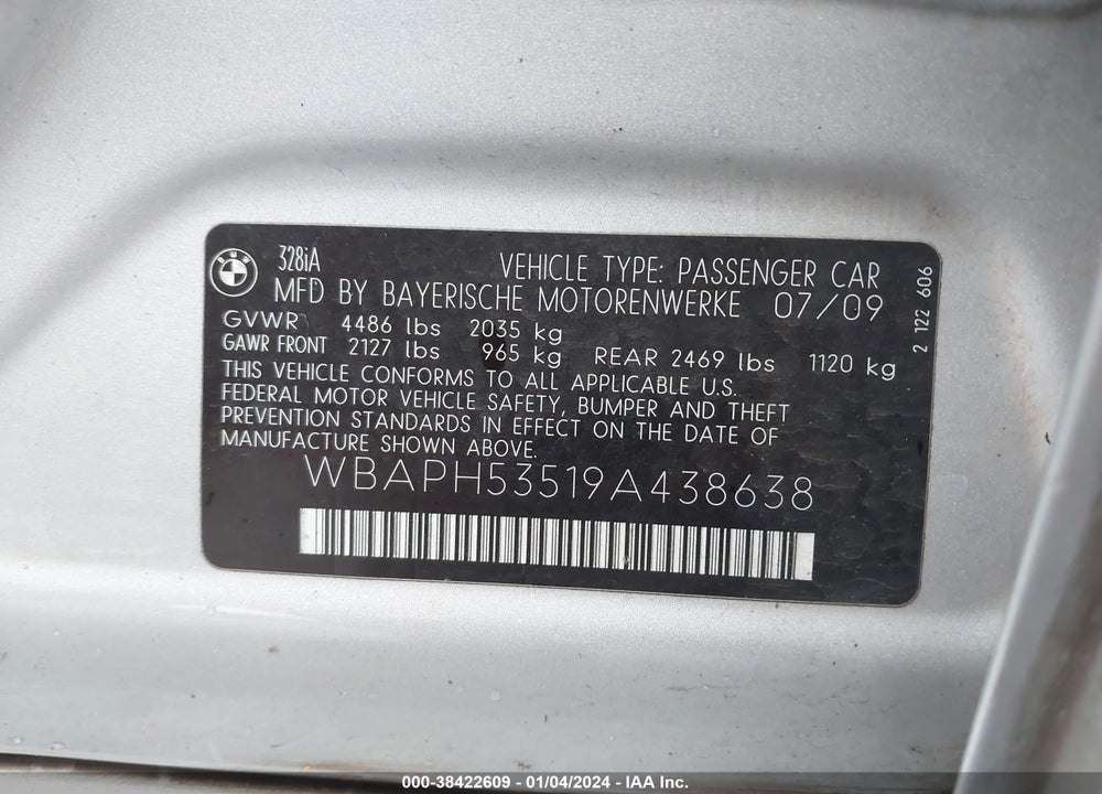 2009 BMW 328I VIN: WBAPH53519A438638