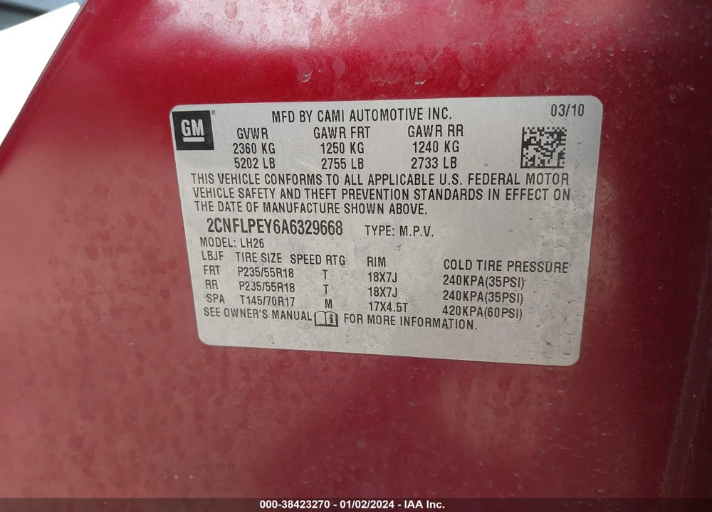 2010 CHEVROLET EQUINOX LT VIN: 2CNFLPEY6A6329668