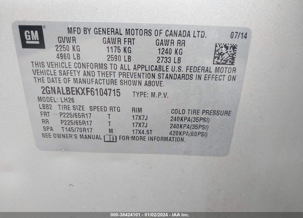 2015 CHEVROLET EQUINOX 1LT VIN: 2GNALBEKXF6104715