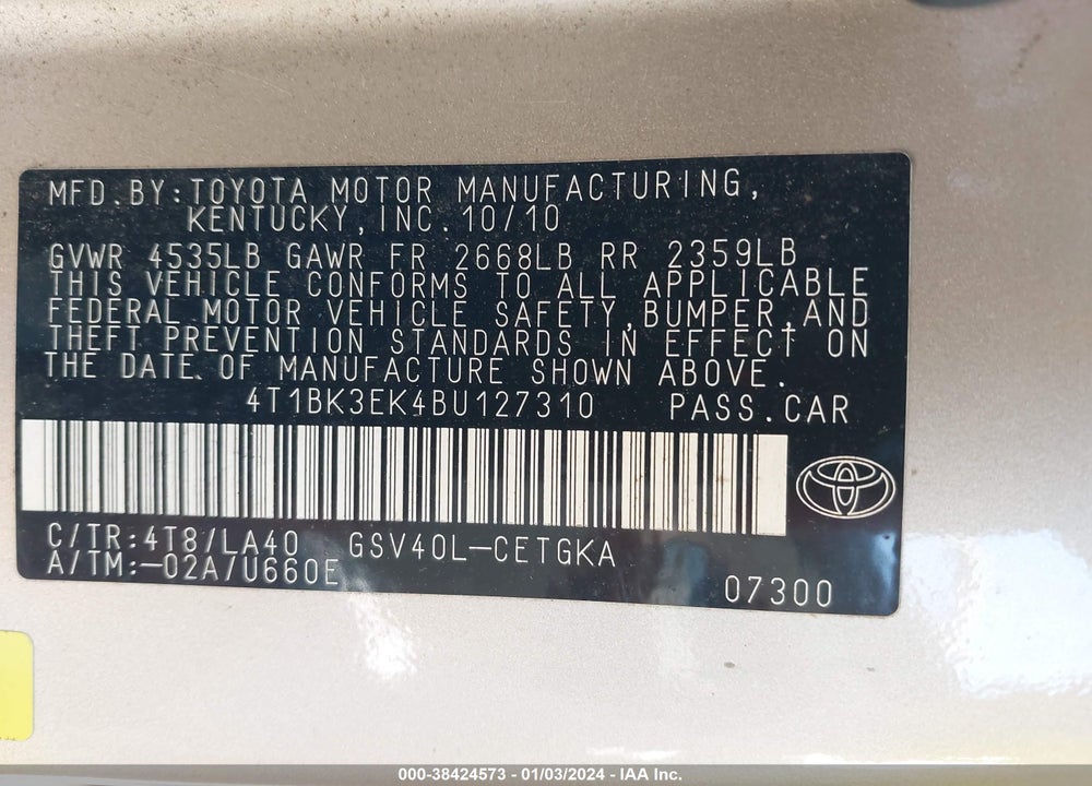 2011 TOYOTA CAMRY XLE V6 VIN: 4T1BK3EK4BU127310