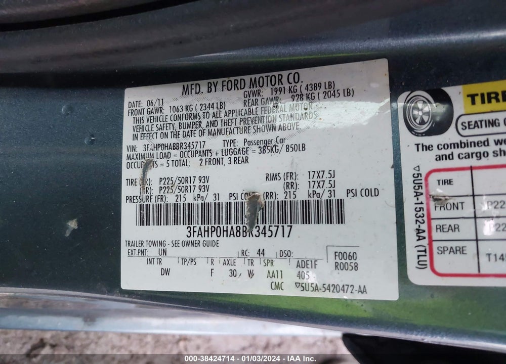 2011 FORD FUSION SE VIN: 3FAHP0HA8BR345717