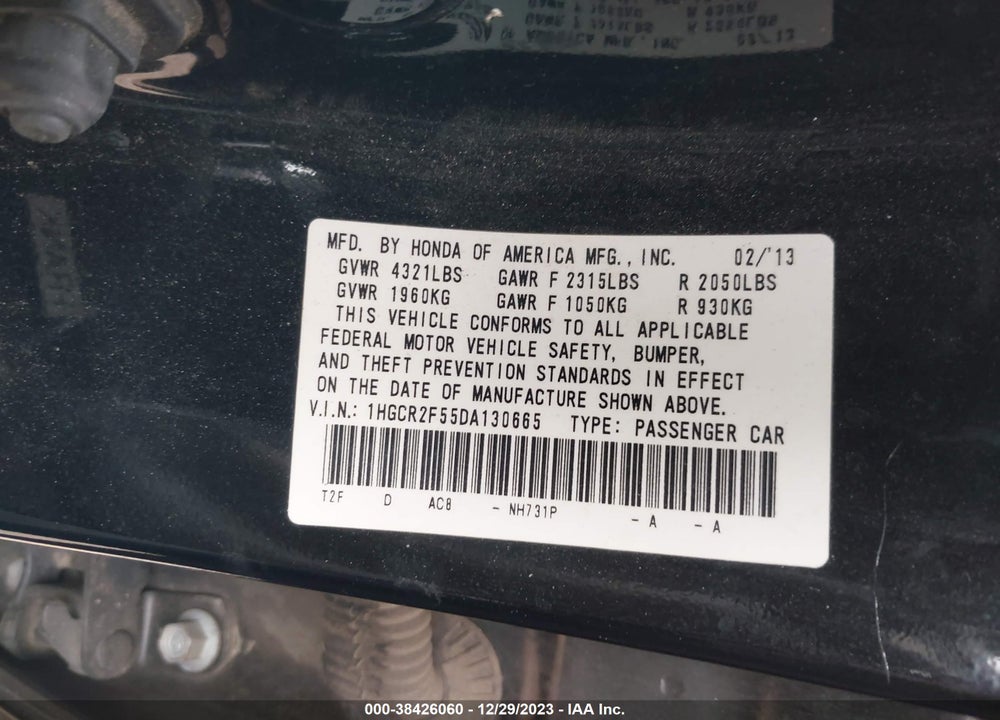 2013 HONDA ACCORD SPORT VIN: 1HGCR2F55DA130665