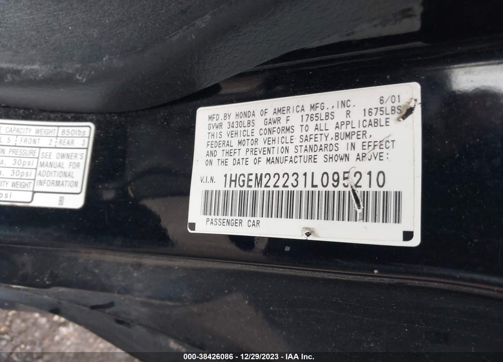 2001 HONDA CIVIC DX VIN: 1HGEM22231L095210