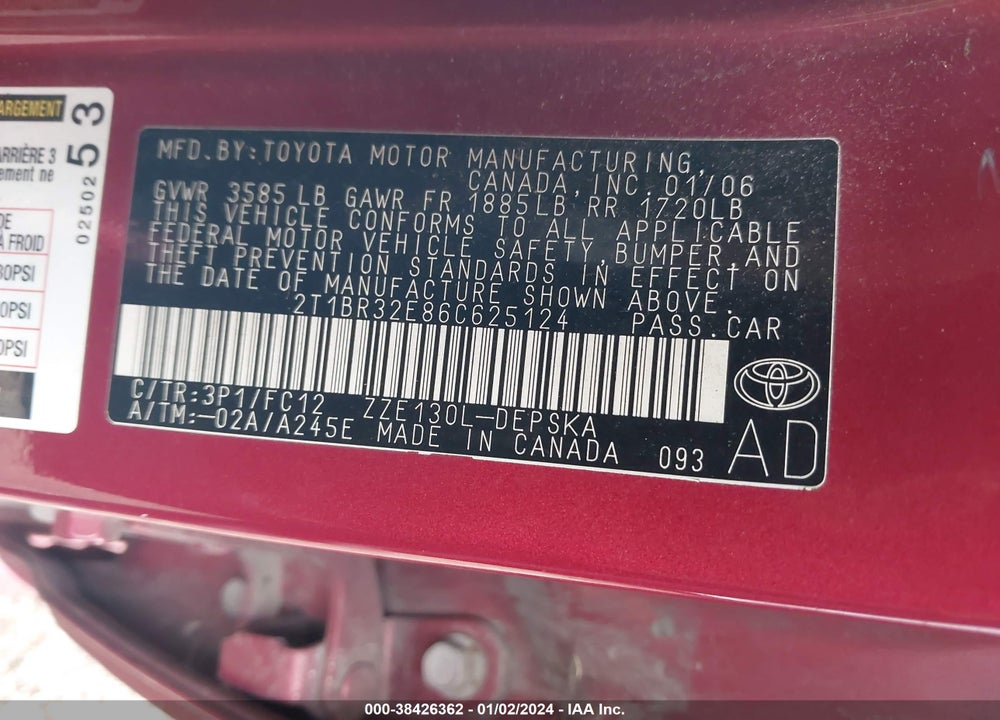 2006 TOYOTA COROLLA S VIN: 2T1BR32E86C625124