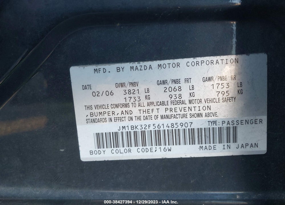 2006 MAZDA 3 I VIN: JM1BK32F561485907