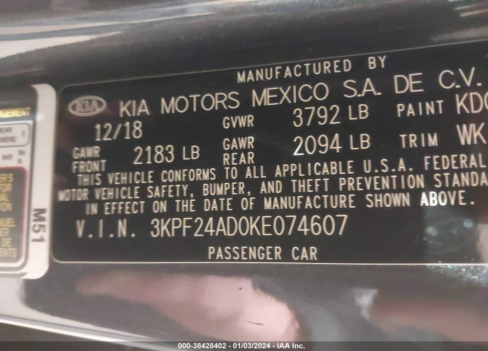 2019 KIA FORTE LXS VIN: 3KPF24AD0KE074607