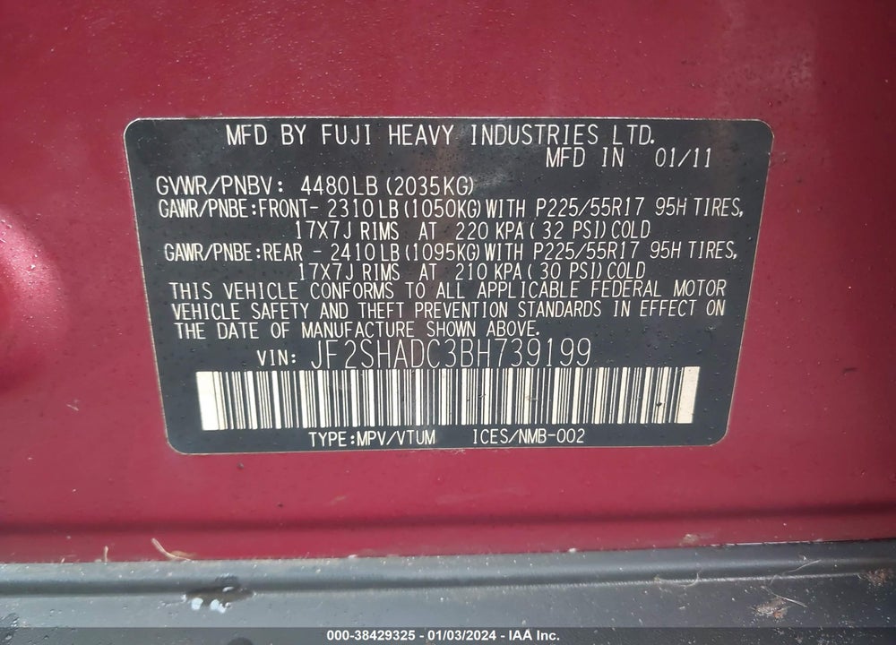 2011 SUBARU FORESTER 2.5X PREMIUM VIN: JF2SHADC3BH739199