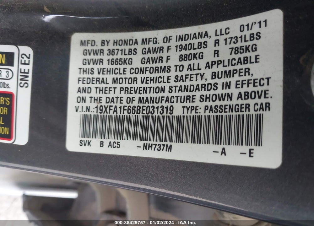 2011 HONDA CIVIC LX-S VIN: 19XFA1F66BE031319