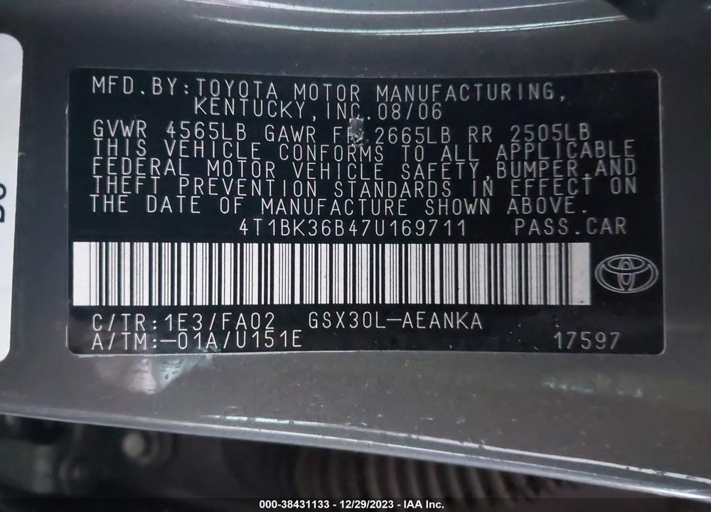 2007 TOYOTA AVALON XL VIN: 4T1BK36B47U169711