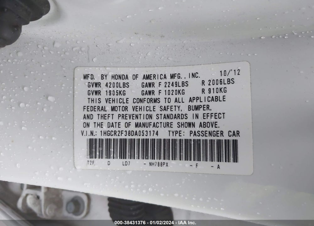 2013 HONDA ACCORD LX VIN: 1HGCR2F38DA053174