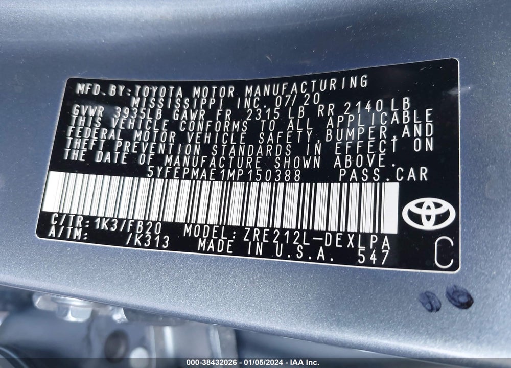 2021 TOYOTA COROLLA LE VIN: 5YFEPMAE1MP150388