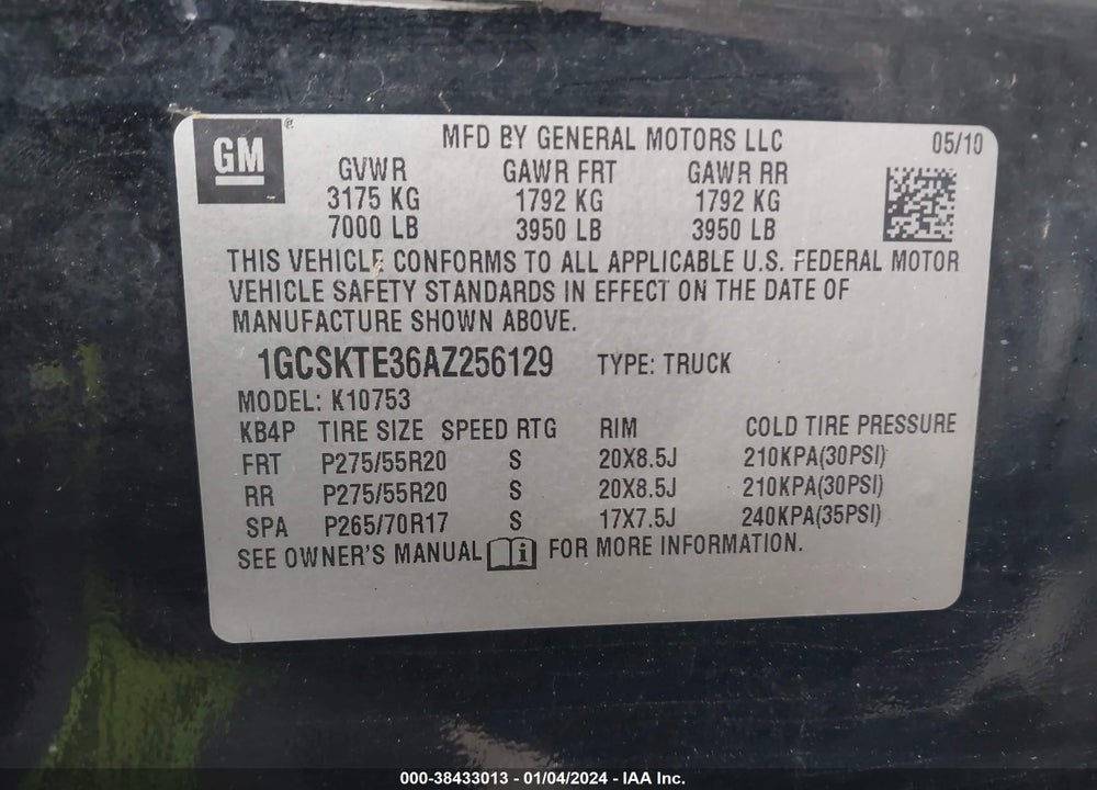 2010 CHEVROLET SILVERADO 1500 VIN: 1GCSKTE36AZ256129