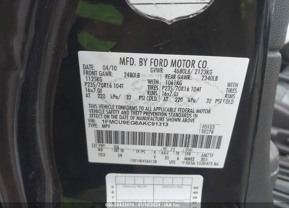 2010 FORD ESCAPE LIMITED VIN: 1FMCU9EG8AKC91313