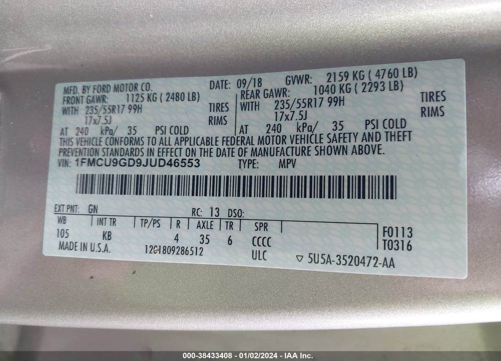 2018 FORD ESCAPE SE VIN: 1FMCU9GD9JUD46553