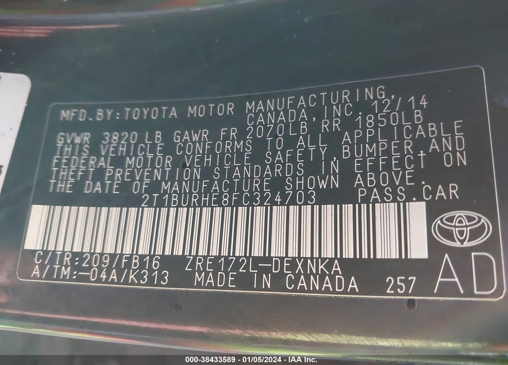 2015 TOYOTA COROLLA LE VIN: 2T1BURHE8FC324703