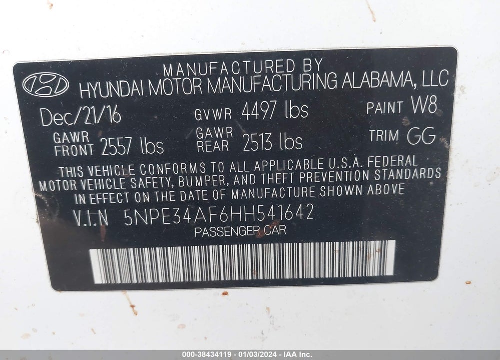 2017 HYUNDAI SONATA SPORT VIN: 5NPE34AF6HH541642