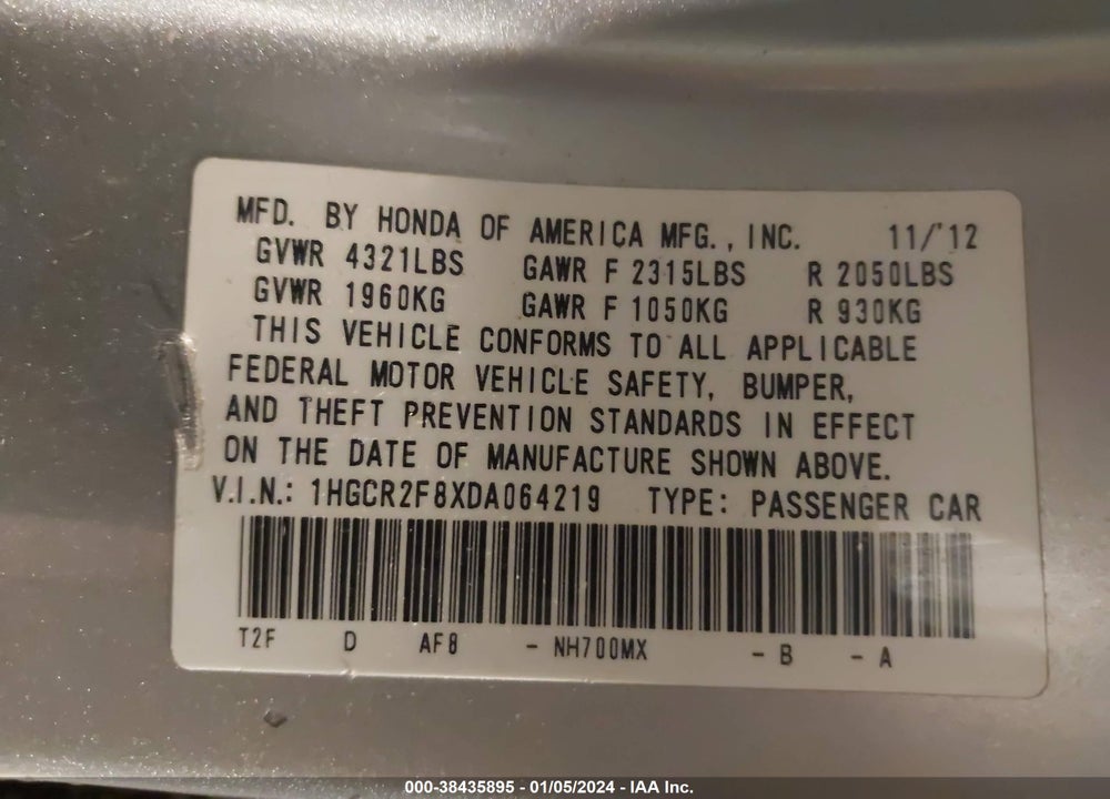 2013 HONDA ACCORD EX-L VIN: 1HGCR2F8XDA064219