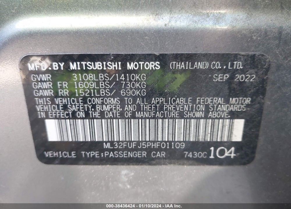 2023 MITSUBISHI MIRAGE G4 BLACK EDITION/ES/LE VIN: ML32FUFJ5PHF01109
