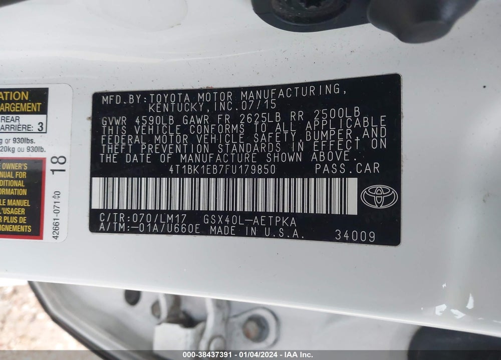 2015 TOYOTA AVALON LIMITED VIN: 4T1BK1EB7FU179850