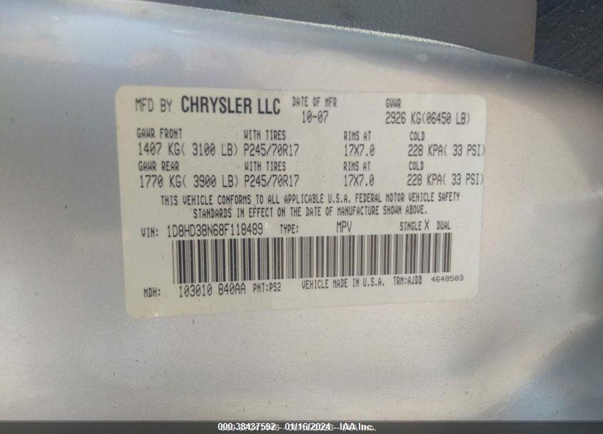 2008 DODGE DURANGO SXT VIN: 1D8HD38N68F118489