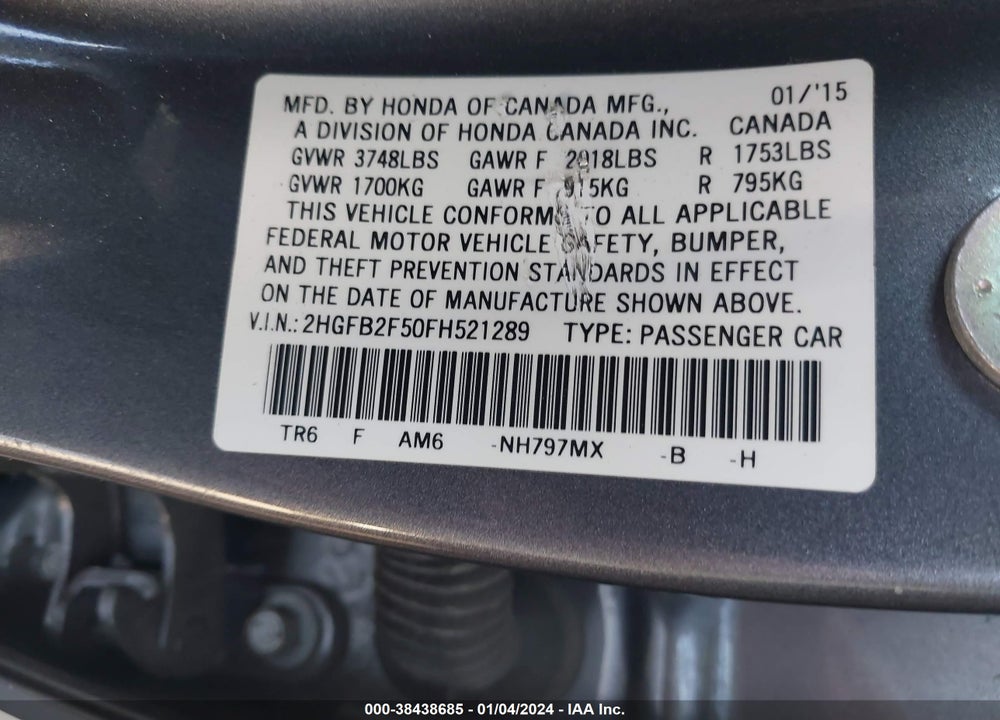 2015 HONDA CIVIC LX VIN: 2HGFB2F50FH521289
