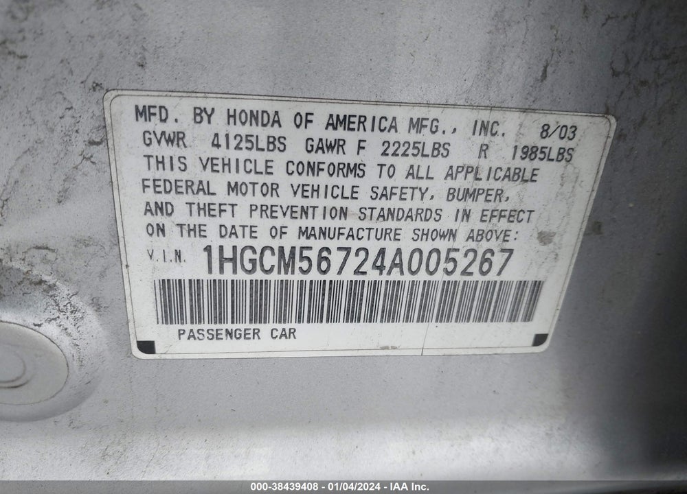2004 HONDA ACCORD 2.4 EX VIN: 1HGCM56724A005267