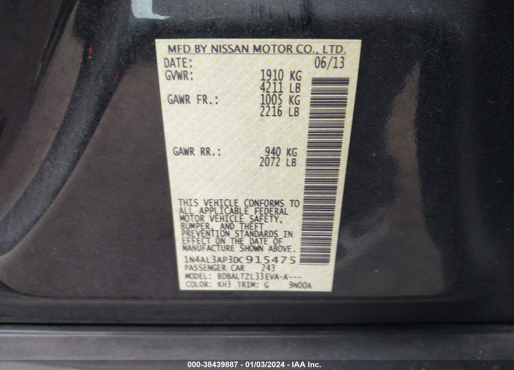 2013 NISSAN ALTIMA 2.5 SV VIN: 1N4AL3AP3DC915475
