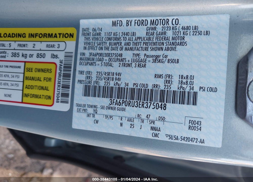 2014 FORD FUSION HYBRID TITANIUM VIN: 3FA6P0RU3ER375048