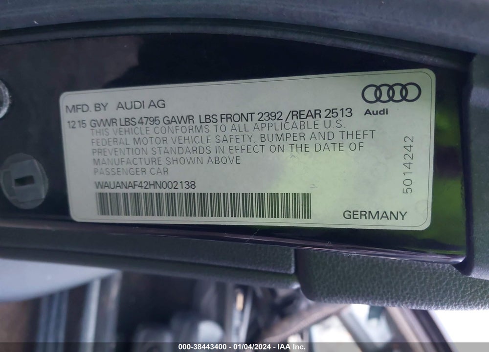 2017 AUDI A4 2.0T PREMIUM VIN: WAUANAF42HN002138