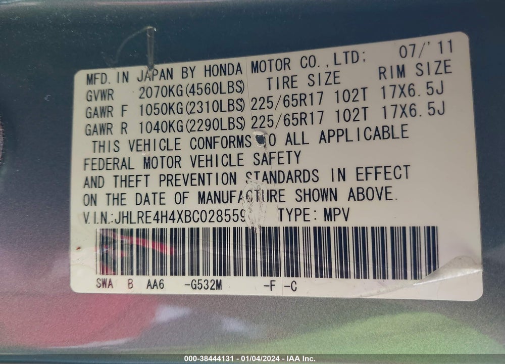 2011 HONDA CR-V SE VIN: JHLRE4H4XBC028559