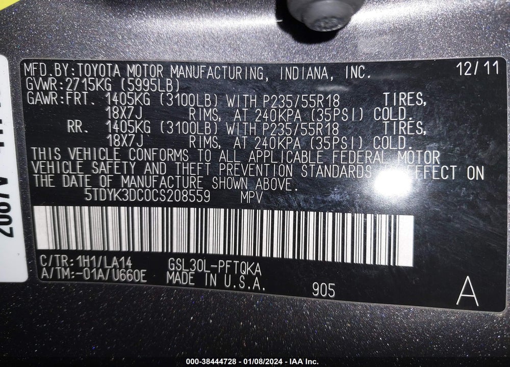 2012 TOYOTA SIENNA LIMITED V6 7 PASSENGER VIN: 5TDYK3DC0CS208559