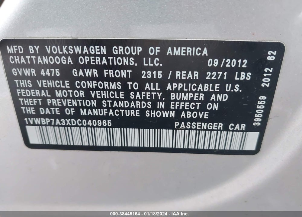 2013 VOLKSWAGEN PASSAT 2.5L SE VIN: 1VWBP7A3XDC040965