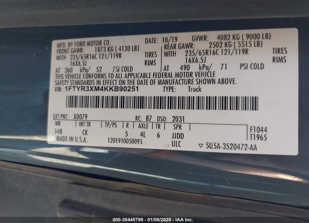 2019 FORD TRANSIT-250 VIN: 1FTYR3XM4KKB90251