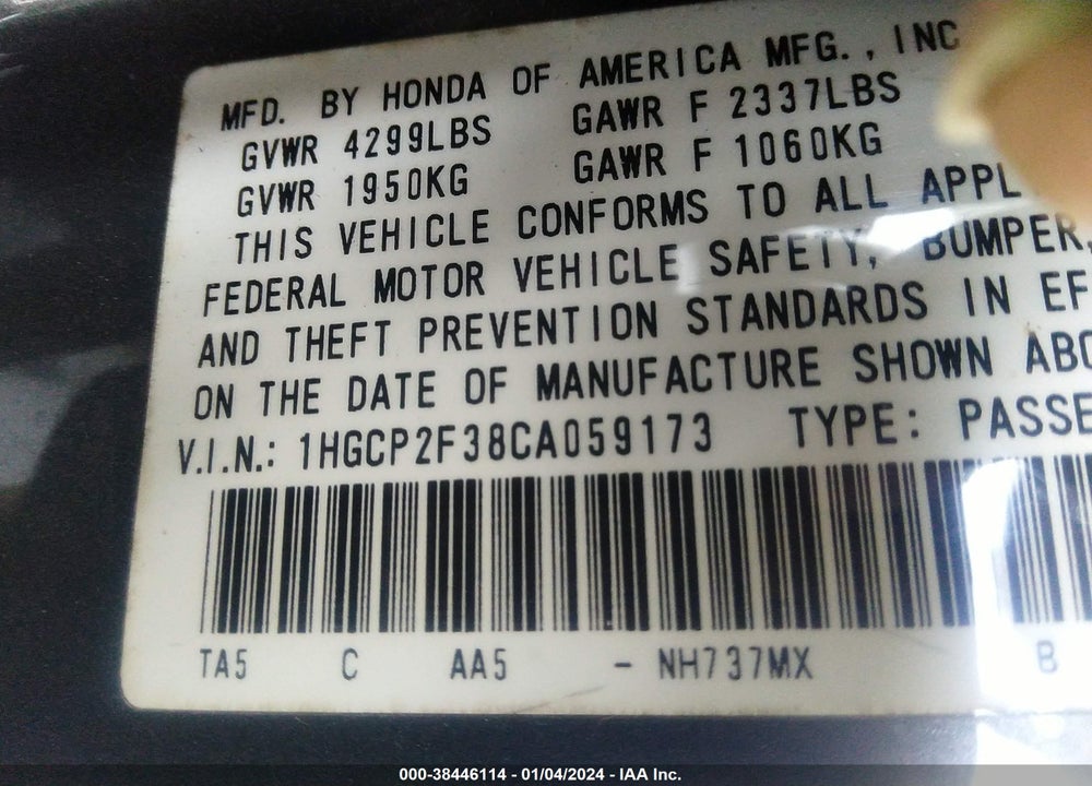 2012 HONDA ACCORD 2.4 LX VIN: 1HGCP2F38CA059173