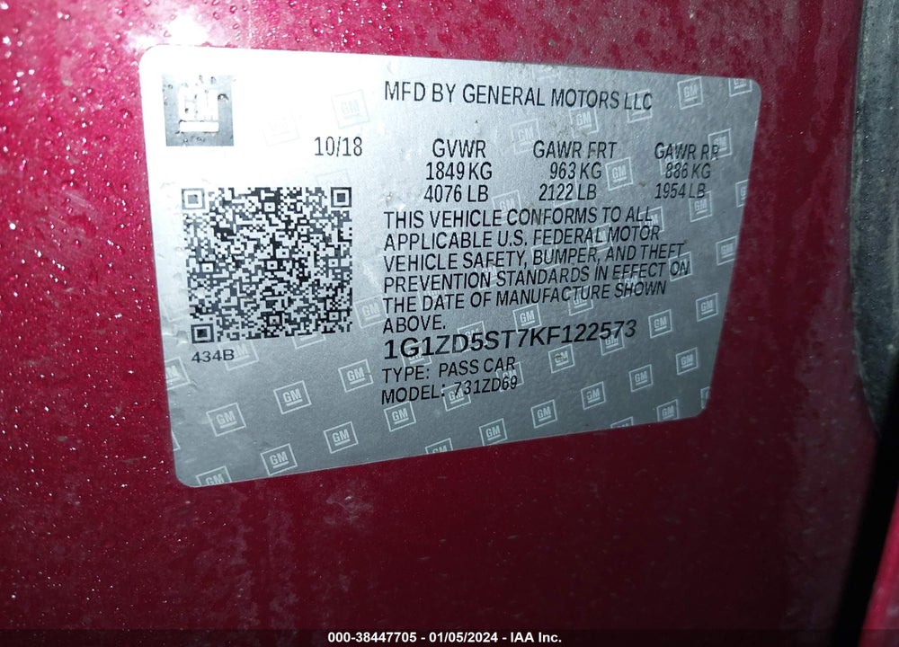 2019 CHEVROLET MALIBU LT VIN: 1G1ZD5ST7KF122573