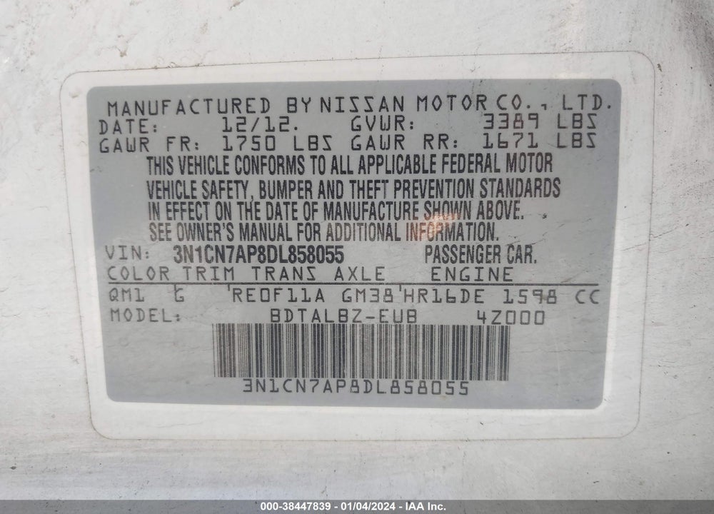 2013 NISSAN VERSA 1.6 SV VIN: 3N1CN7AP8DL858055