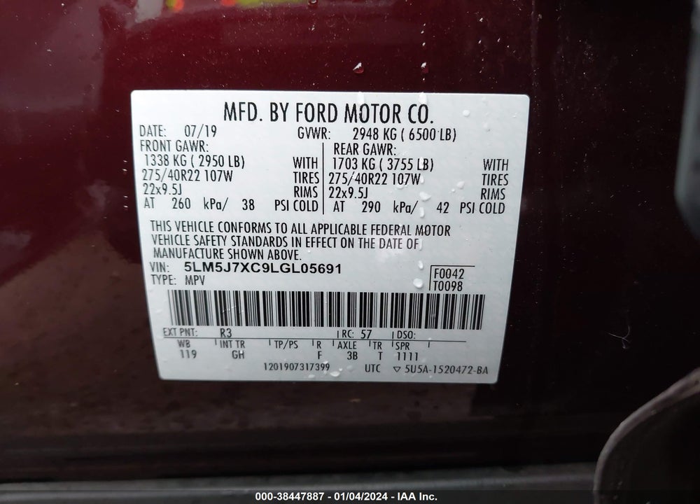 2020 LINCOLN AVIATOR RESERVE VIN: 5LM5J7XC9LGL05691