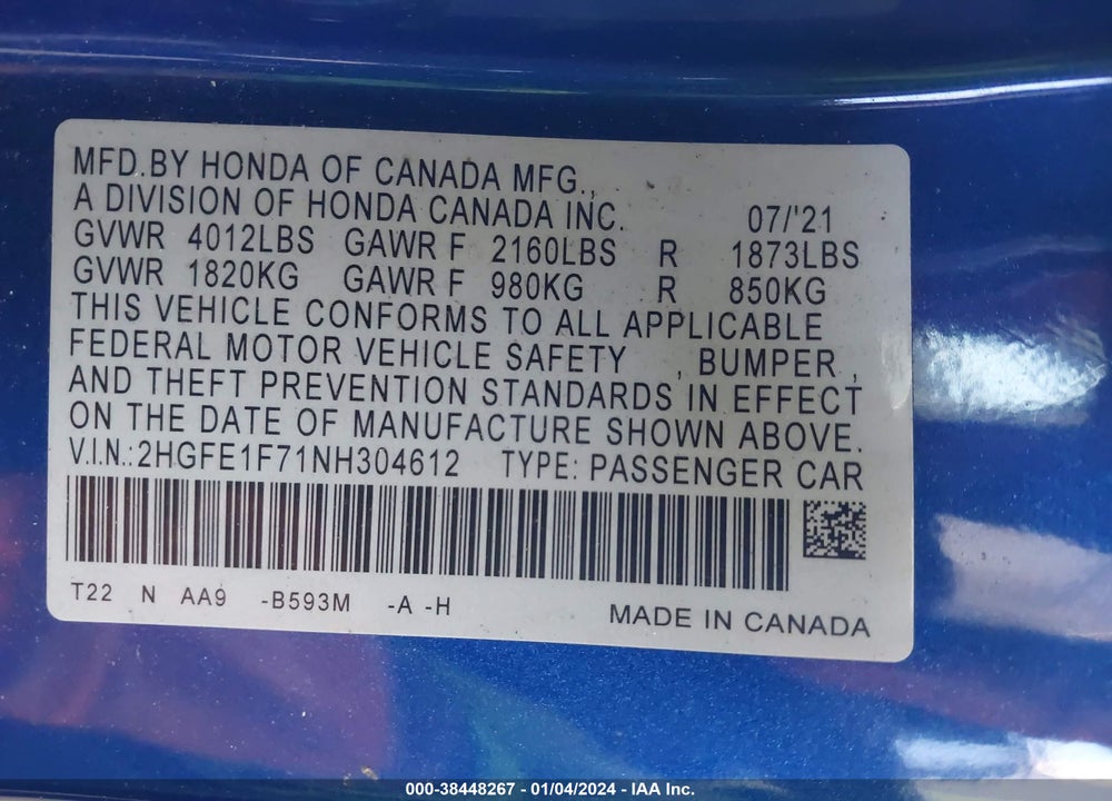 2022 HONDA CIVIC EX VIN: 2HGFE1F71NH304612