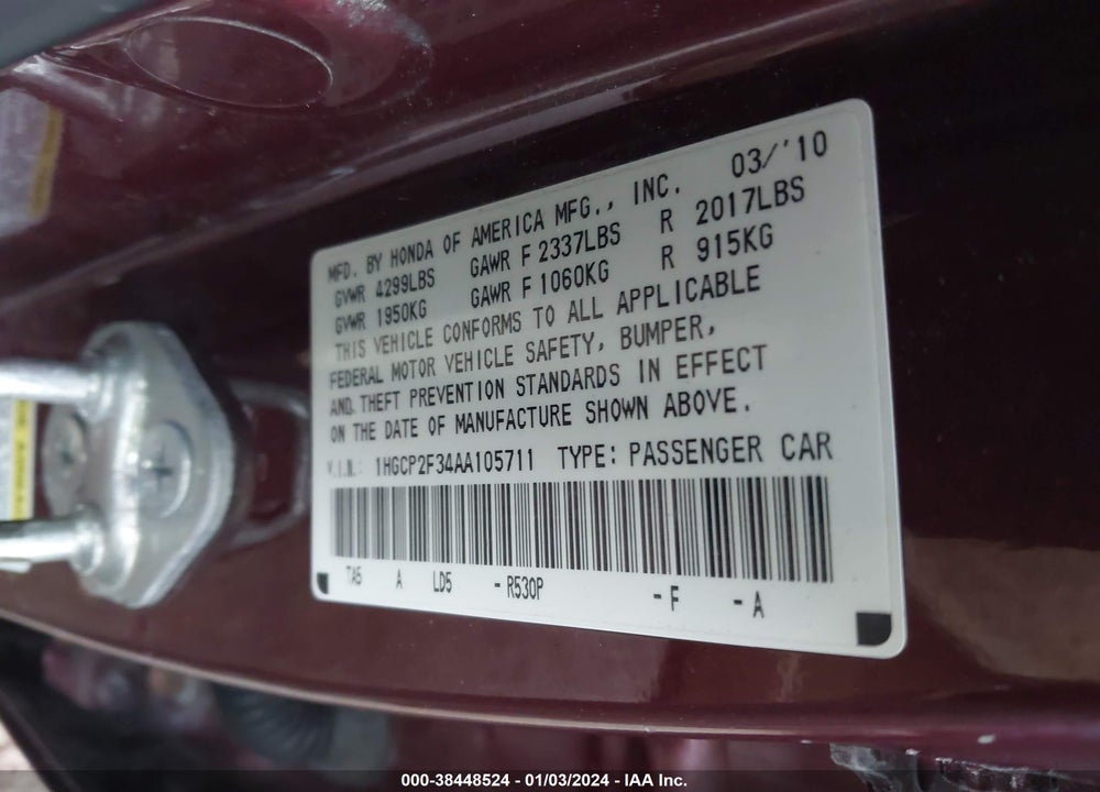 2010 HONDA ACCORD VIN: 1HGCP2F34AA105711
