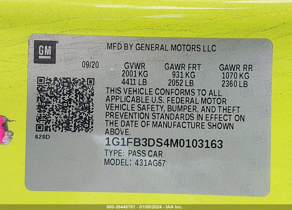 2021 CHEVROLET CAMARO VIN: 1G1FB3DS4M0103163