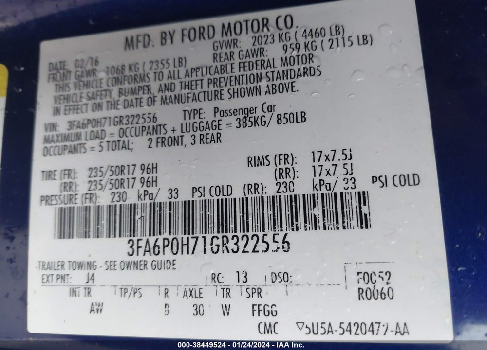 2016 FORD FUSION SE VIN: 3FA6P0H71GR322556