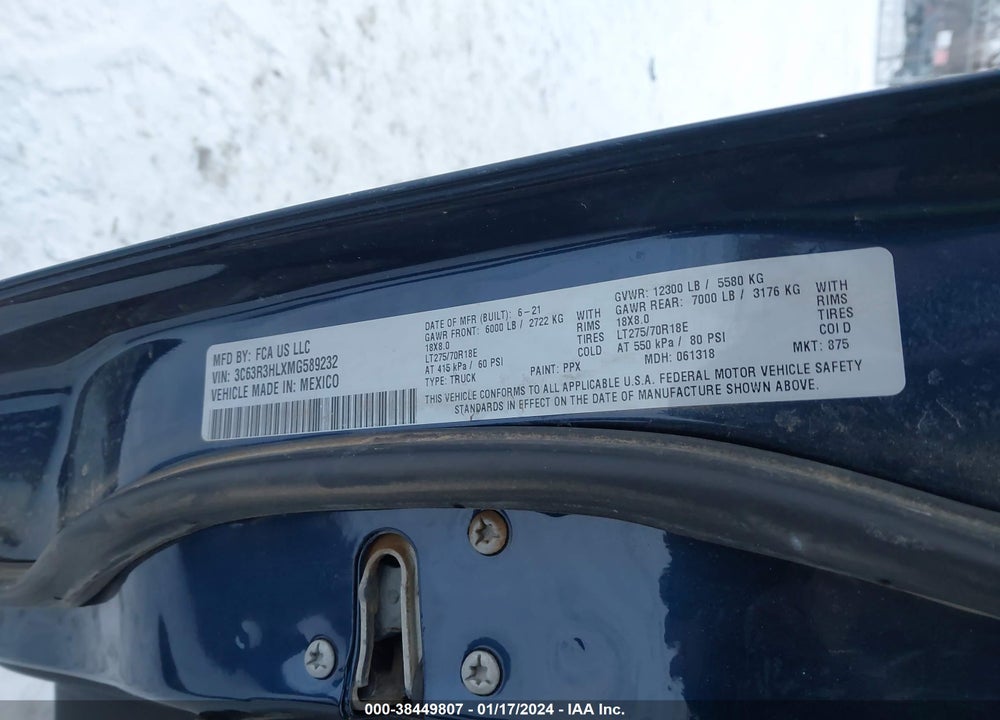2021 RAM 3500 BIG HORN  4X4 8' BOX VIN: 3C63R3HLXMG589232