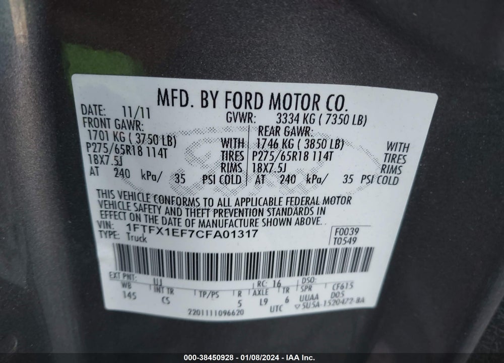 2012 FORD F-150 STX VIN: 1FTFX1EF7CFA01317