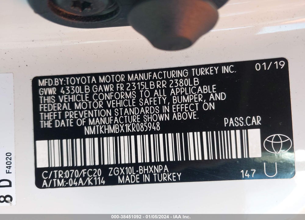 2019 TOYOTA C-HR LE VIN: NMTKHMBX1KR085948