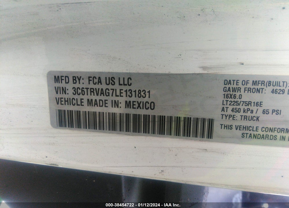 2020 RAM PROMASTER 1500 VIN: 3C6TRVAG7LE131831